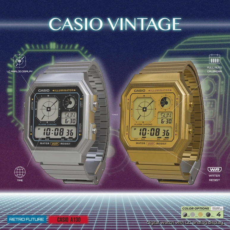 Casio,VINTAGE 40.50x33.90mm,40.50x33.90mm,Resin,Grey,Champagne,Quartz,Countdown,Chronograph,Month,Date,Plexi,Glass,Square,A130WEG,A130WEG-9A