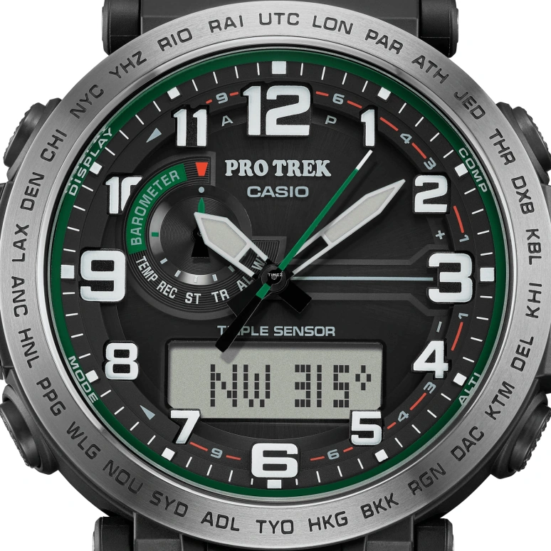 Casio,PROTREK 51.60x51.50mm,51.60x51.50mm,Bio-sourced,Stainless Steel,Black,Quartz,Countdown,Chronograph,Month,Date,Hardlex,Glass,Round,PRG601,PRG601-1