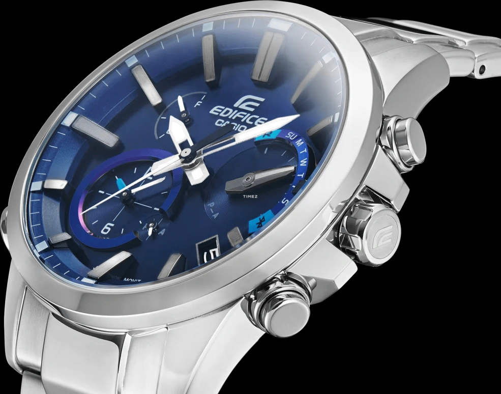 Casio,EDIFICE 48.20mm,48.20mm,Stainless Steel,Blue,Quartz,Chronograph,Date,Day,Power Reserve Indicator,Hardlex,Round,EQB700D,EQB700D-2A
