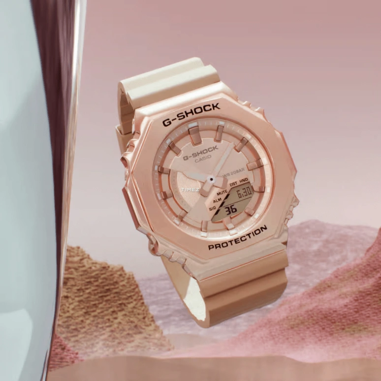Casio,G-SHOCK 40.40mm,40.40mm,Resin,Pink Gold,Quartz,Countdown,Chronograph,Month,Date,Hardlex,Octagon,GMS2100PG,GMS2100PG-4A