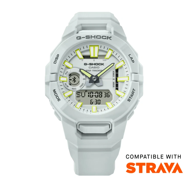 卡西欧,G-SHOCK 48.50x43.90毫米,48.50x43.90毫米,生物基,硅树脂,碳纤维,白色,石英,倒计时,计时,月历,星期历,矿物水晶,圆形,GBA950,GBA950-7A