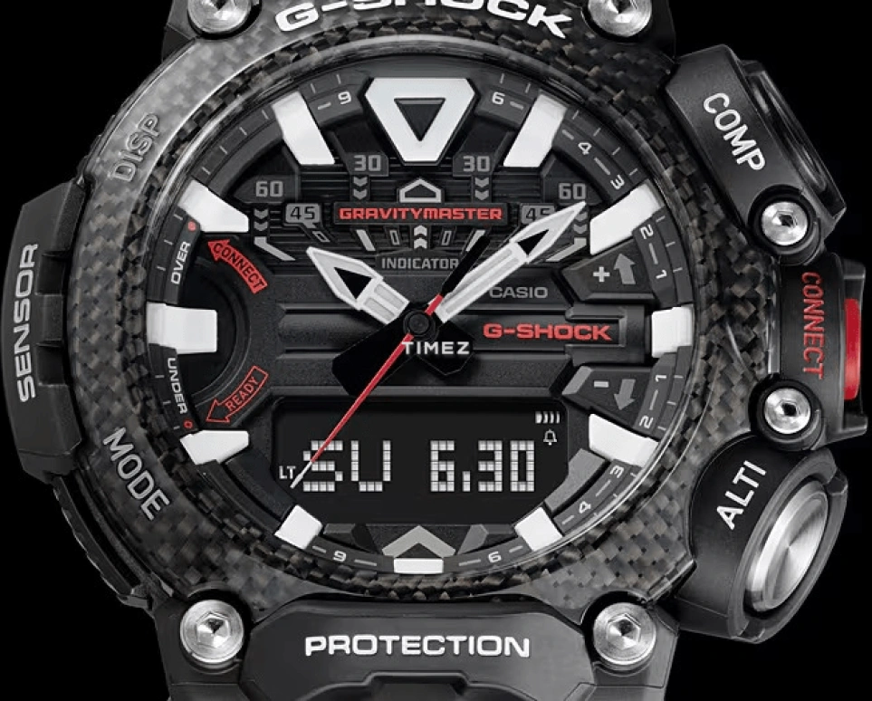 Casio,MASTER OF G - AIR 63x54.10mm,63x54.10mm,Carbon fiber-reinforced resin,Black,Quartz,Countdown,Chronograph,Month,Date,Hardlex,Round,GRB200,GRB200-1A