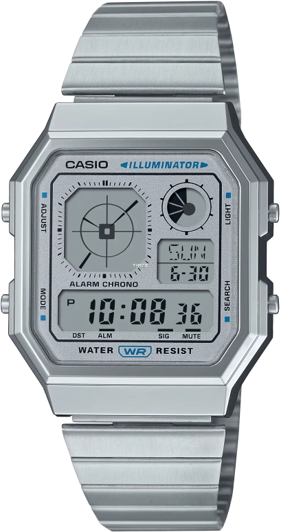 Casio,VINTAGE 40.50x33.90mm,40.50x33.90mm,Resin,Silver,Grey,Quartz,Countdown,Chronograph,Month,Date,Plexi,Glass,Square,A130WE,A130WE-7A