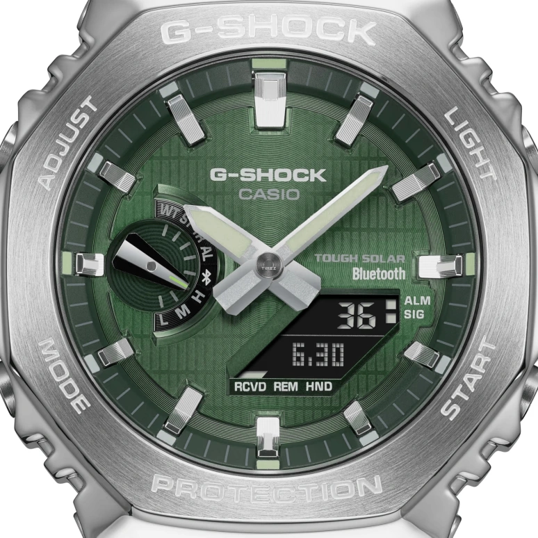 Casio,G-STEEL 49.30x44.40mm,49.30x44.40mm,Bio-sourced,Resin,Stainless Steel,Green,Quartz,Countdown,Chronograph,Month,Date,Hardlex,Octagon,GBM2100A,GBM2100A-1A3