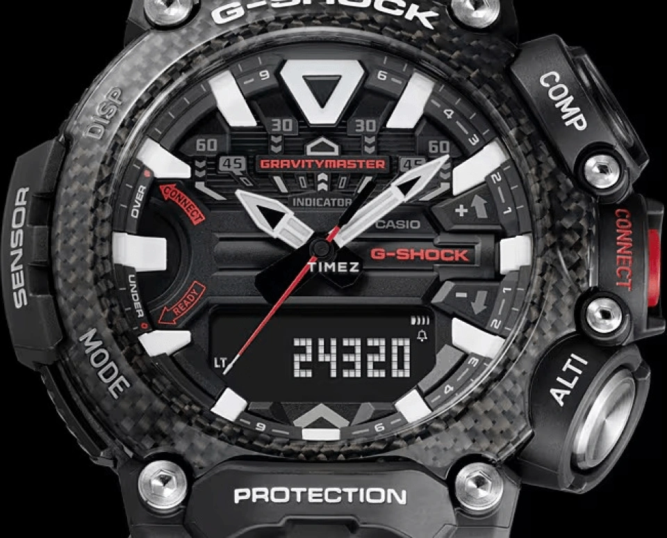 Casio,MASTER OF G - AIR 63x54.10mm,63x54.10mm,Carbon fiber-reinforced resin,Black,Quartz,Countdown,Chronograph,Month,Date,Hardlex,Round,GRB200,GRB200-1A
