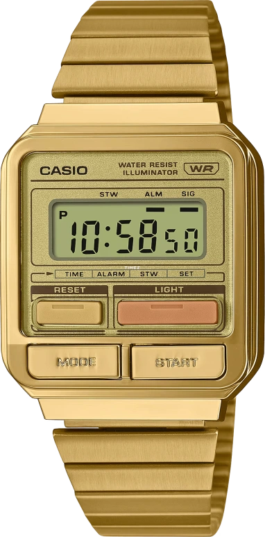 Casio,VINTAGE 40.70x33.50mm,40.70x33.50mm,Resin,Gold,Quartz,Chronograph,Month,Date,Day,Plexi,Rectangular,A120WEG,A120WEG-9AVT