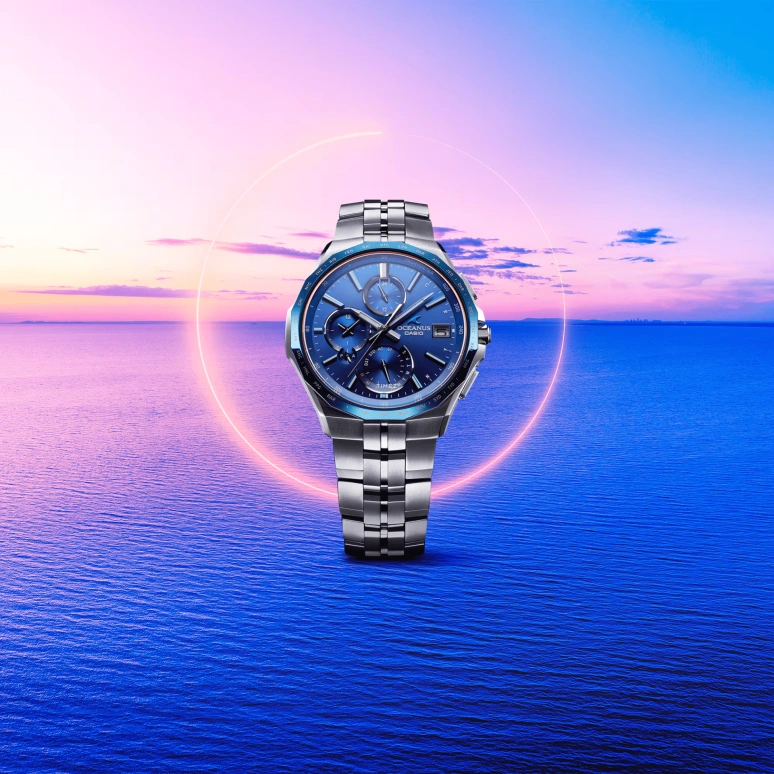 Casio,OCEANUS 48.80x42.30mm,48.80x42.30mm,Titanium,Blue,Quartz,Chronograph,Date,Day,World Time,Sapphire,Crystal Glass,Round,OCWS5000F,OCWS5000F-2A