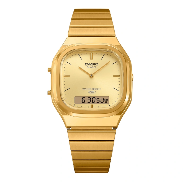 Casio,VINTAGE 40.90x35.80mm,40.90x35.80mm,Resin,Gold,Quartz,Chronograph,Month,Date,Day,Plexi,Glass,Square,AQ240EG,AQ240EG-9A