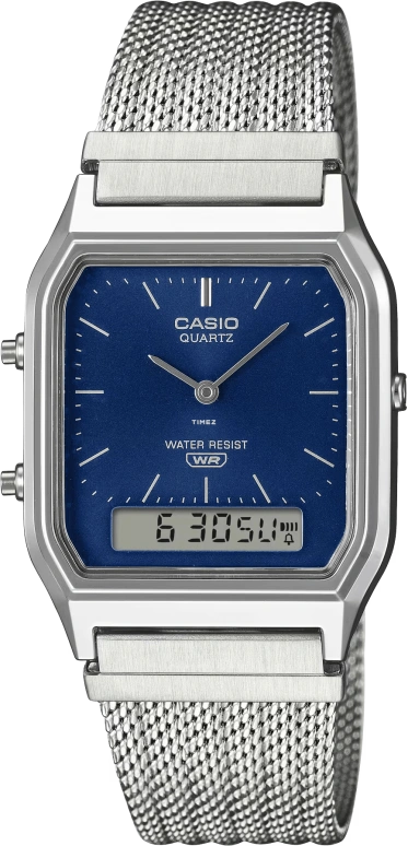 Casio,VINTAGE 38.80x29.80mm,38.80x29.80mm,Resin,Blue,Quartz,Chronograph,Month,Date,Day,Plexi,Glass,Square,AQ230EM,AQ230EM-2A