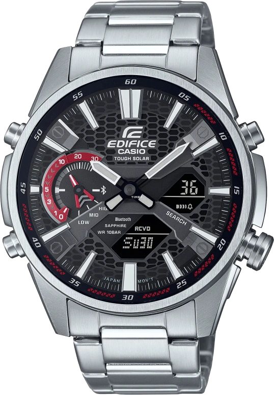 Casio,EDIFICE 46mm,46mm,Stainless Steel,Black,Quartz,Countdown,Chronograph,Month,Date,Sapphire,Round,ECBS100D,ECBS100D-1A