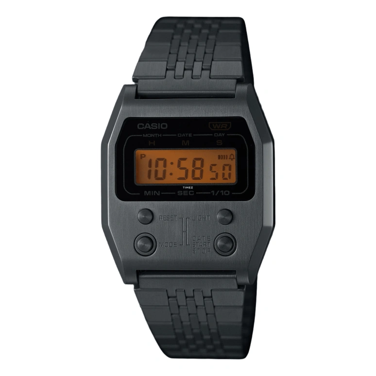 Casio,VINTAGE 40x35mm,40x35mm,Stainless Steel,Black,Quartz,Chronograph,Month,Date,Day,Hardlex,Tonneau,A1100D,A1100D-1VT