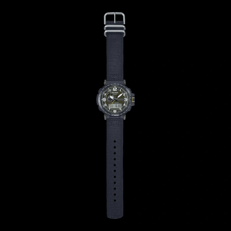 Casio,PROTREK 51.60x51.50mm,51.60x51.50mm,Bio-sourced,Stainless Steel,Grey,Olive Green,Quartz,Countdown,Chronograph,Month,Date,Hardlex,Glass,Round,PRG601YB,PRG601YB-3