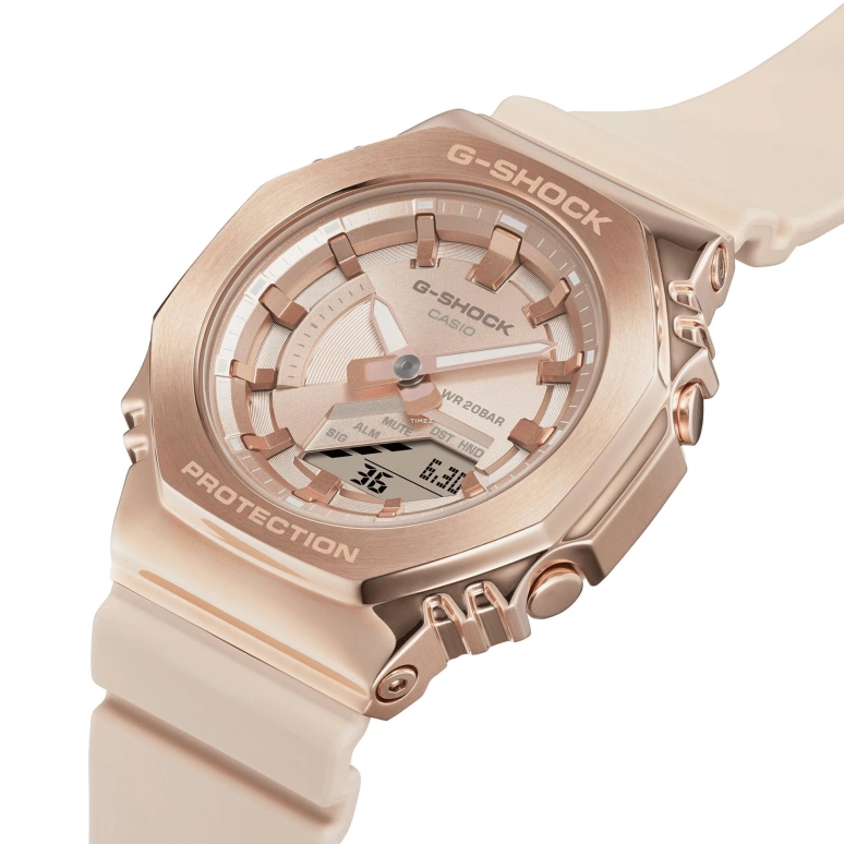 Casio,G-SHOCK 40.40mm,40.40mm,Resin,Pink Gold,Quartz,Countdown,Chronograph,Month,Date,Hardlex,Octagon,GMS2100PG,GMS2100PG-4A
