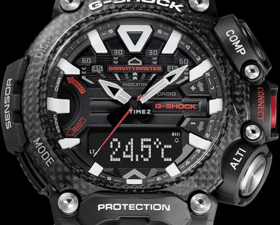 Casio,MASTER OF G - AIR 63x54.10mm,63x54.10mm,Carbon fiber-reinforced resin,Black,Quartz,Countdown,Chronograph,Month,Date,Hardlex,Round,GRB200,GRB200-1A