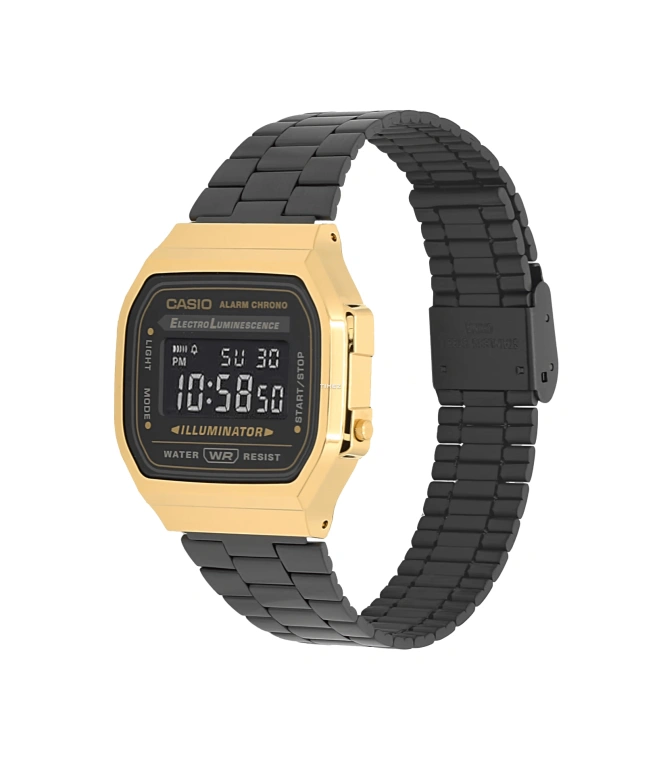 Casio,VINTAGE 38.60x36.30mm,38.60x36.30mm,Resin,Black,Quartz,Chronograph,Date,Day,Hour Strike,Plexi,Cushion,A168WEGB,A168WEGB-1BVT
