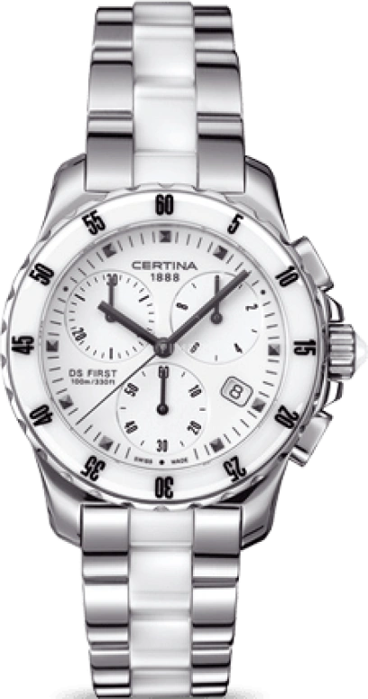 Certina,DS First 34.80mm,34.80mm,Stainless Steel,White,Quartz,Chronograph,Day,C014,C014.217.11.011.01