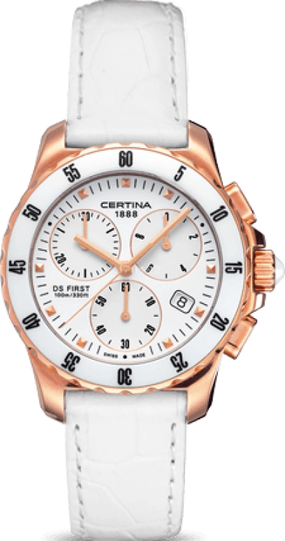 Certina,DS First 34.80mm,34.80mm,Ceramic,Stainless Steel,White,Quartz,Chronograph,Day,C014,C014.217.36.011.00