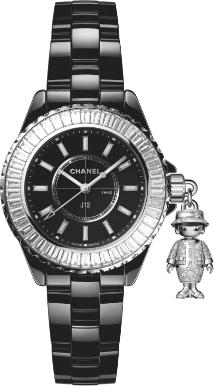 CHANEL,J12 33mm,33mm,White Gold,Ceramic,Black,Quartz,Sapphire,Crystal Glass,Round,H6502