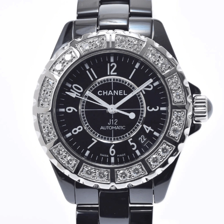CHANEL,J12 38mm,38mm,Ceramic,Stainless Steel,Black,Automatic,Day,Sapphire,Crystal Glass,H1174