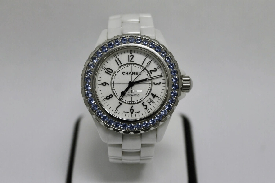 CHANEL,J12 38mm,38mm,Ceramic,White,Automatic,Day,Sapphire,Crystal Glass,H1180