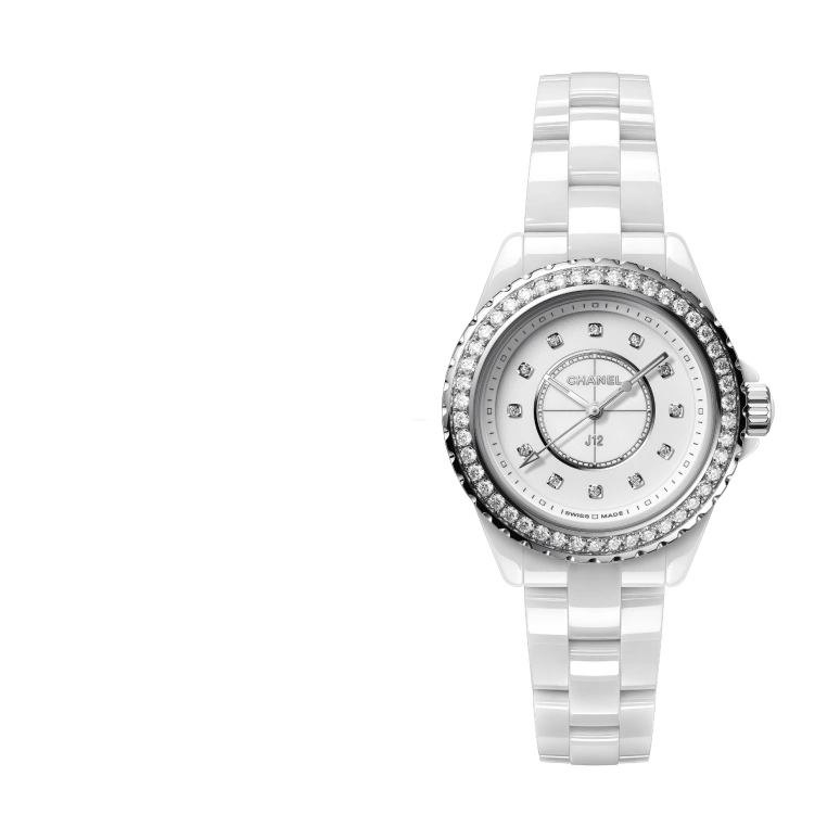CHANEL,J12 33mm,33mm,Stainless Steel,Ceramic,White,Sapphire,Crystal Glass,Round,H6418