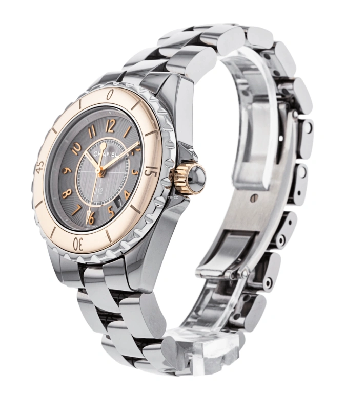 CHANEL,J12 33mm,33mm,Stainless Steel,Titanium,Beige Gold,Ceramic,Black,Quartz,Day,Sapphire,Crystal Glass,H4197