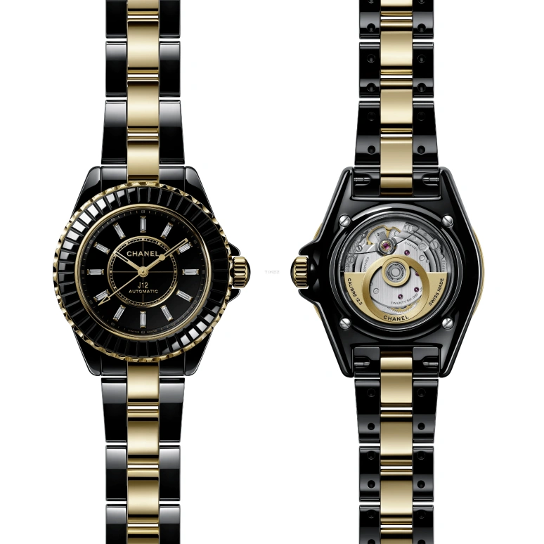 CHANEL,J12 33mm,33mm,Stainless Steel,Yellow Gold,Sapphire,Black,Automatic,In-house Caliber,Sapphire,Crystal Glass,H10328