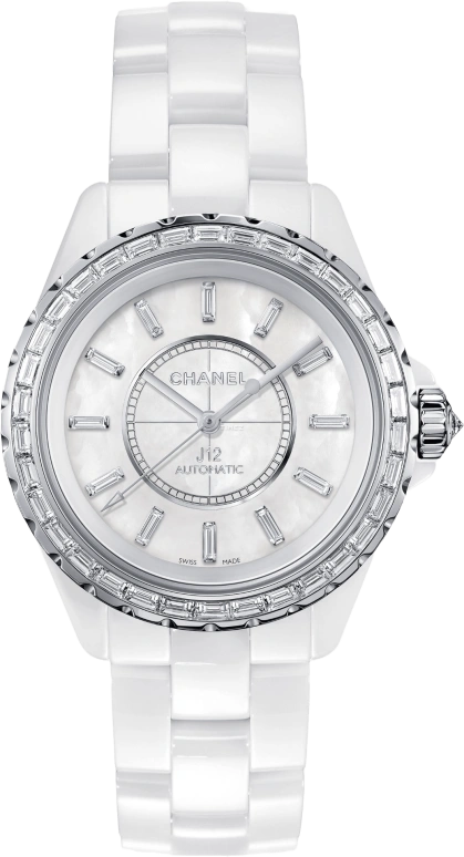 CHANEL,J12 38mm,38mm,White Gold,Ceramic,White,Sapphire,Crystal Glass,Step Cut,Setting,Diamonds,H3386