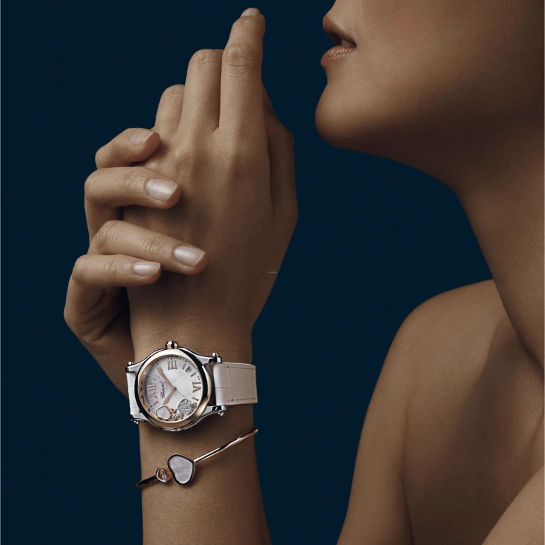 Chopard,Happy Sport 36mm,36mm,Stainless Steel,Rose Gold,White,Sapphire,Crystal Glass,Rose Gold,278582,278582-6009