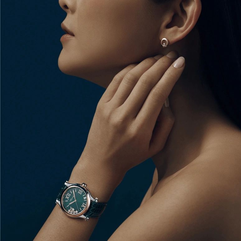 Chopard,Happy Sport 36mm,36mm,Stainless Steel,Rose Gold,Green,Quartz,Day,Sapphire,Crystal Glass,278582,278582-6005