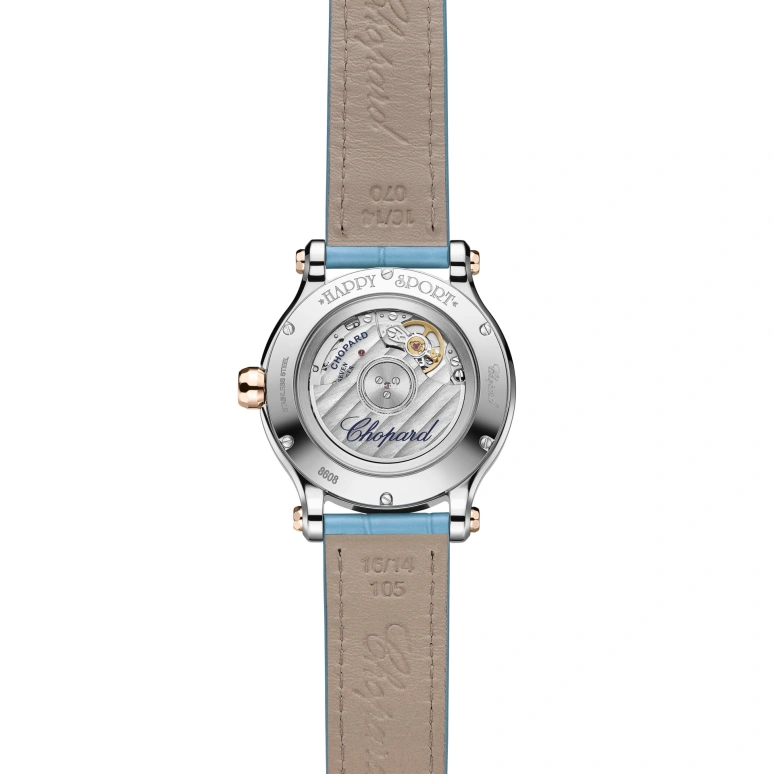 Chopard,Happy Sport 33mm,33mm,Rose Gold,Stainless Steel,Blue,Automatic,42hours,In-house Caliber,278608,278608-6013