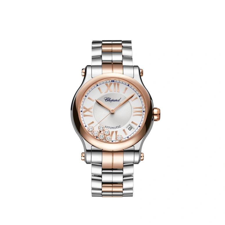 Chopard,Happy Sport 36mm,36mm,Rose Gold,Stainless Steel,Silver,Automatic,Day,Sapphire,Crystal Glass,278559,278559-6026