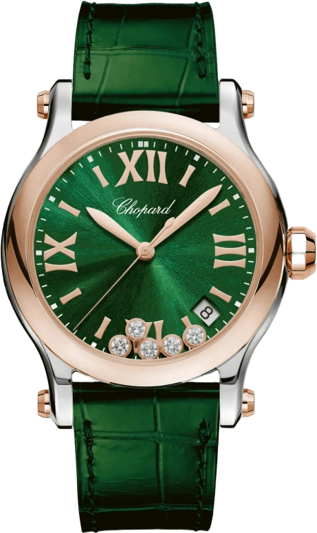 Chopard,Happy Sport 36mm,36mm,Stainless Steel,Rose Gold,Green,Quartz,Day,Sapphire,Crystal Glass,278582,278582-6005