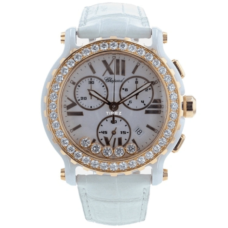 Chopard,Happy Diamonds 42mm,42mm,Rose Gold,Ceramic,White,Quartz,Chronograph,Day,288515,288515-9002