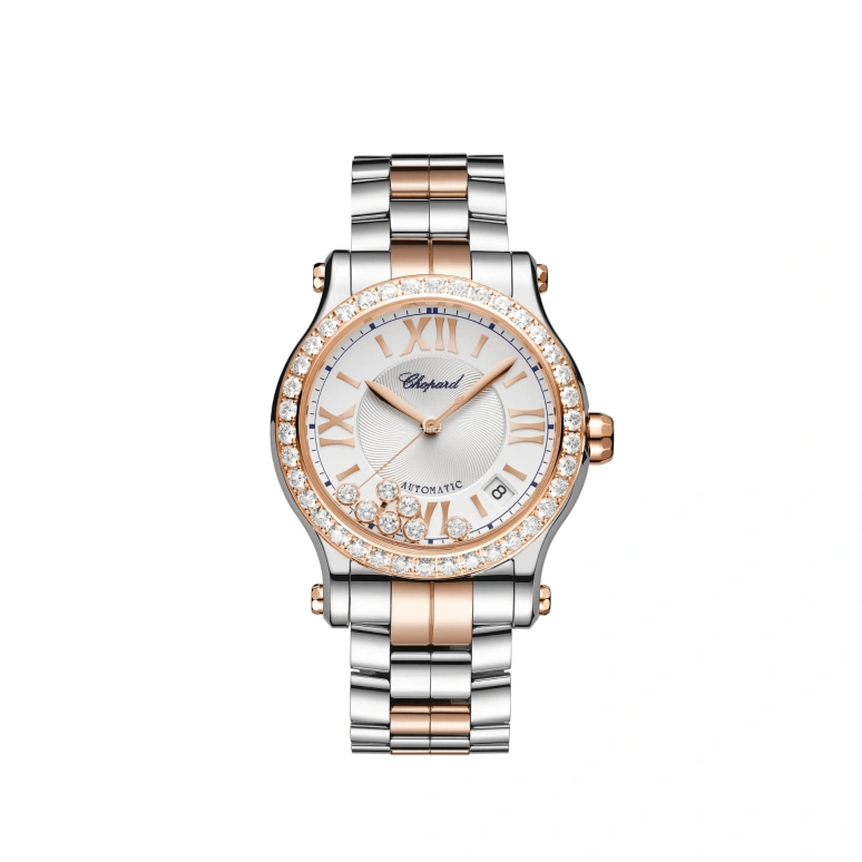 Chopard,Happy Sport 36mm,36mm,Rose Gold,Stainless Steel,Silver,Automatic,Day,Sapphire,Crystal Glass,278559,278559-6025