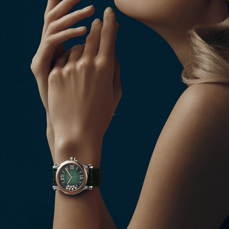 Chopard,Happy Sport 36mm,36mm,Stainless Steel,Rose Gold,Green,Automatic,Sapphire,Crystal Glass,Round,278578,278578-6002