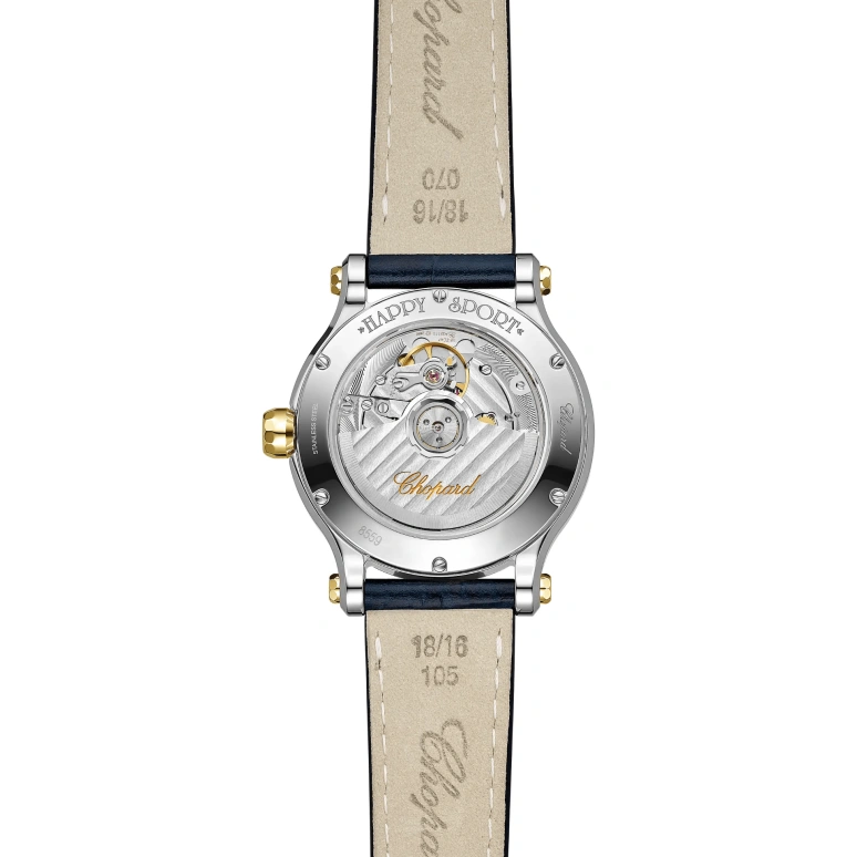 Chopard,Happy Sport 36mm,36mm,Stainless Steel,Yellow Gold,White,Automatic,Day,Sapphire,Crystal Glass,278559,278559-4001