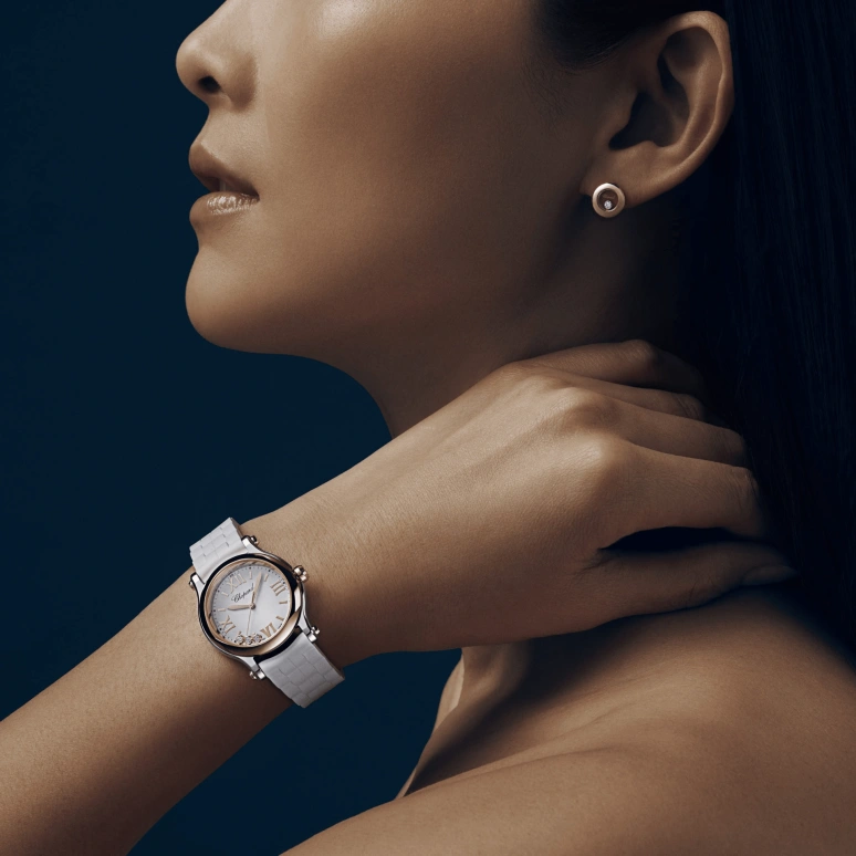 Chopard,Happy Sport 30mm,30mm,Stainless Steel,Rose Gold,White,Sapphire,Crystal Glass,Rose Gold,278590,278590-6001