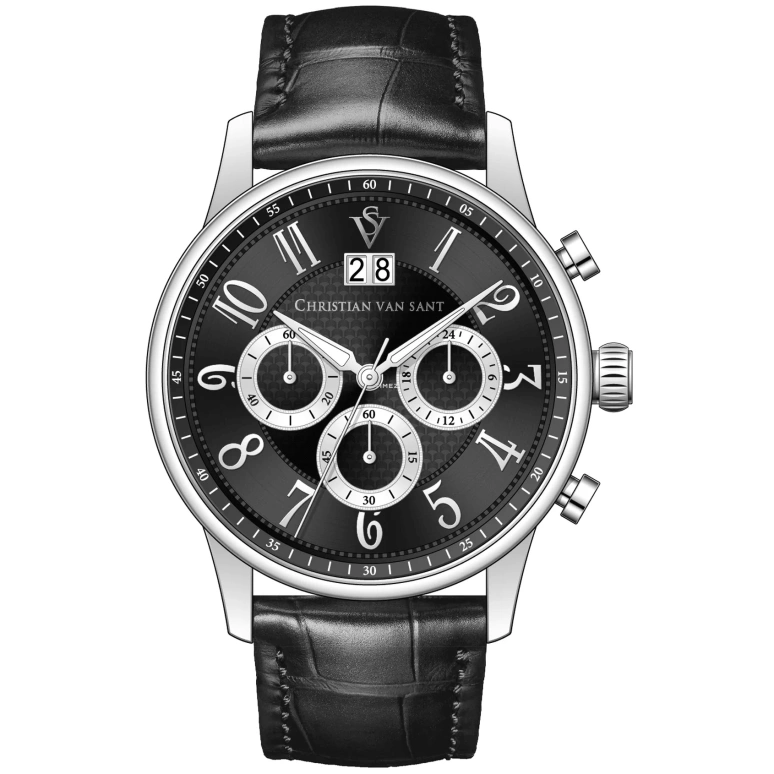 Christian Van Sant,man 42mm,42mm,Stainless Steel,Black,Quartz,Chronograph,Big Date,CV3940