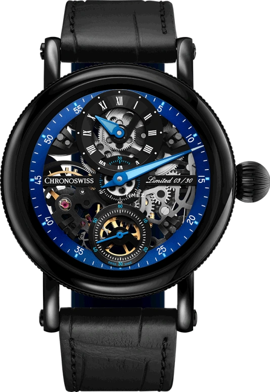 Chronoswiss,Flying 44mm,44mm,Stainless Steel,Black,Blue,Handwound,46hours,In-house Caliber,CH,CH-6725S-BKBL