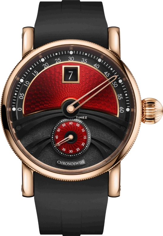 Chronoswiss,Delphis 42mm,42mm,Yellow Gold,Black,Red,Automatic,Jumping Minutes,Jumping Hours,Retrograde,CH,CH-1421.1E-BKRE