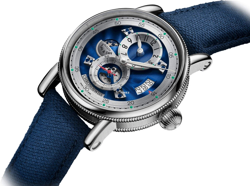 Chronoswiss,Flying 41mm,41mm,Stainless Steel,Blue,Silver,Automatic,Day,Day / Night Indication,CH,CH-8763.1-BLSI2
