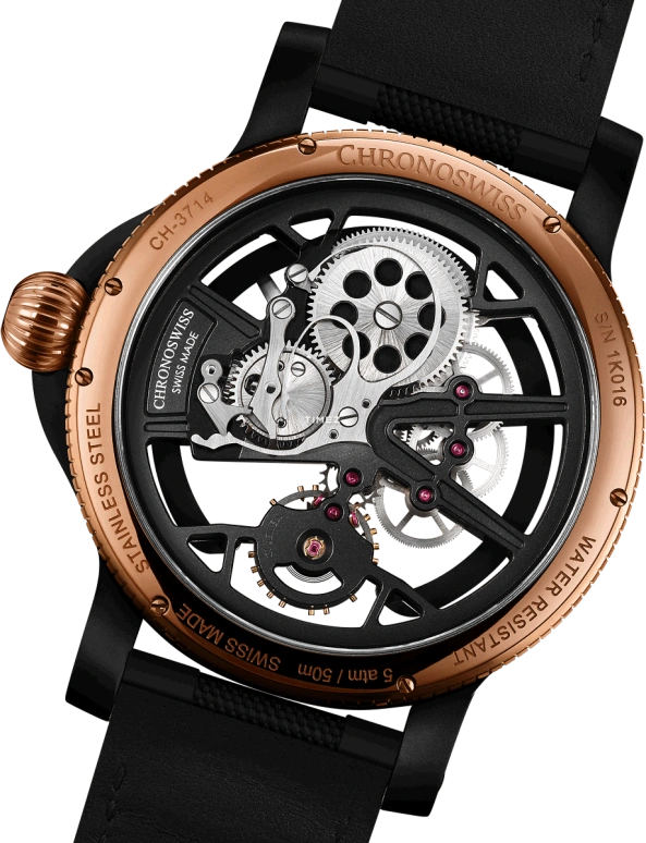 Chronoswiss,Skeltec 45mm,45mm,Stainless Steel,Rose Gold,Skeleton,Handwound,In-house Caliber,Sapphire,CH,CH-3715R-BK