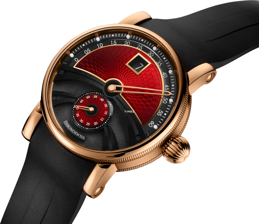 Chronoswiss,Delphis 42mm,42mm,Yellow Gold,Black,Red,Automatic,Jumping Minutes,Jumping Hours,Retrograde,CH,CH-1421.1E-BKRE