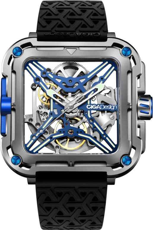 CIGA Design,Series X 48x44mm,48x44mm,Stainless Steel,Blue,Skeleton,Automatic,40hours,In-house Caliber,X021,X021-TIBU-W25BK