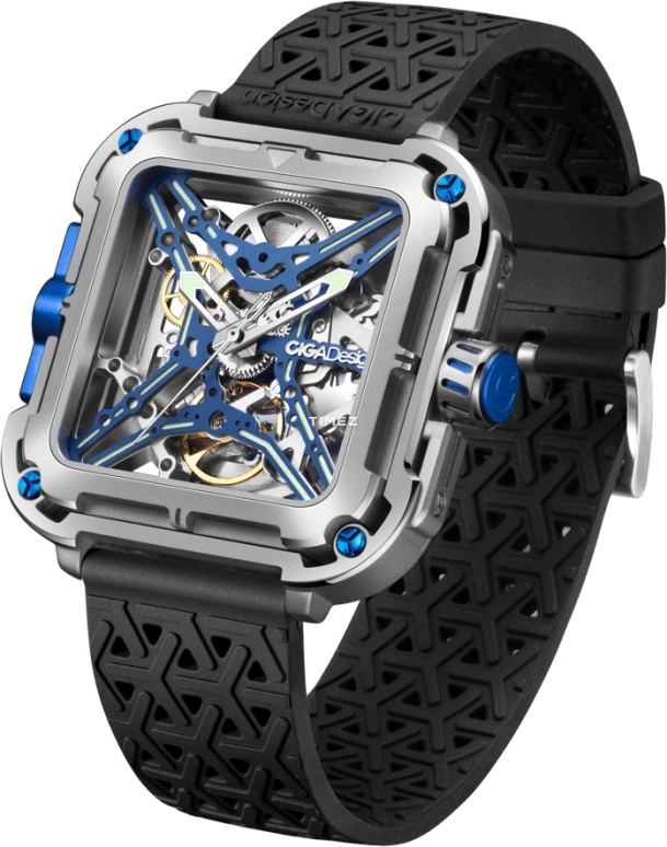 CIGA Design,Series X 48x44mm,48x44mm,Stainless Steel,Blue,Skeleton,Automatic,40hours,In-house Caliber,X021,X021-TIBU-W25BK