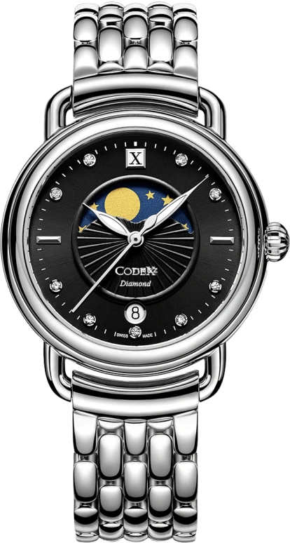 CODEX,CLASSIC 34mm,34mm,Stainless Steel,Stainless Steel,Black,Quartz,Moonphase,Day,5202,5202.01.0101.B01