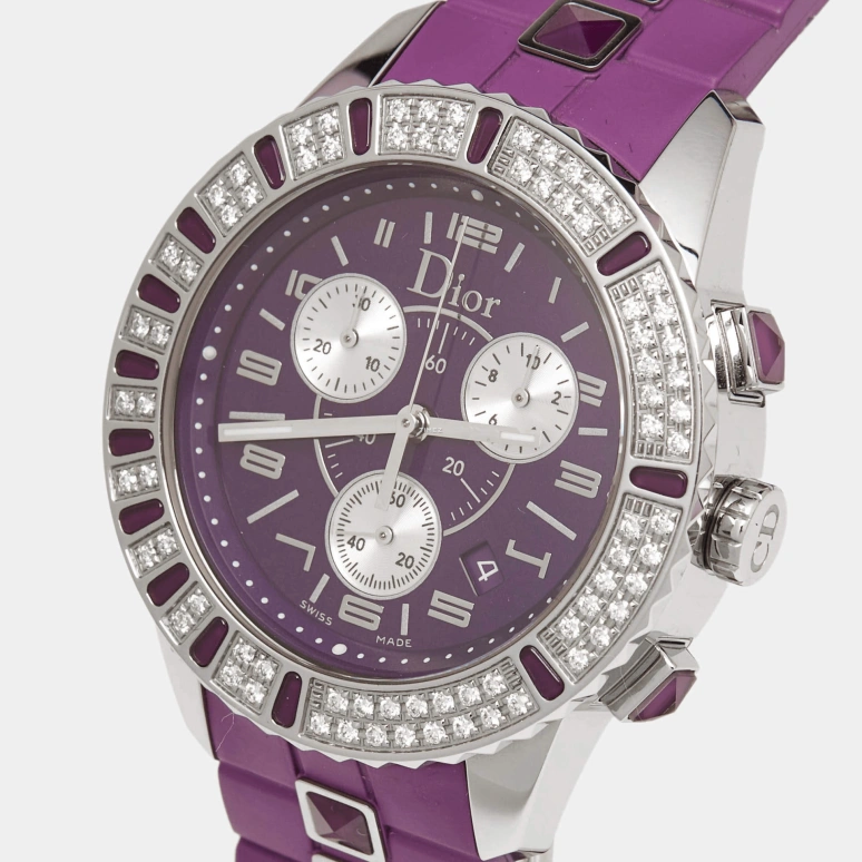 Dior,Other 39mm,39mm,Stainless Steel,Purple,Silver,Quartz,Chronograph,Day,CD11431JR001