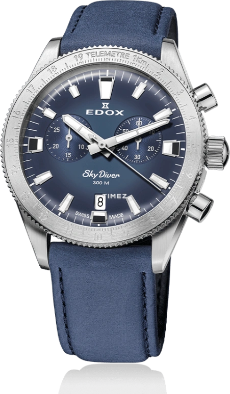 EDOX,Skydiver 40mm,40mm,Stainless Steel,Blue,Quartz,Chronograph,Day,10116,10116-3-BUIDN