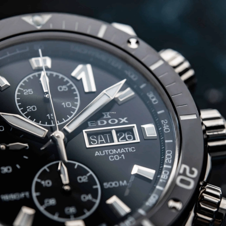 EDOX,CO-1 45mm,45mm,Stainless Steel,Black,Automatic,Chronograph,Date,Day,01128,01128-3NRCA-NN